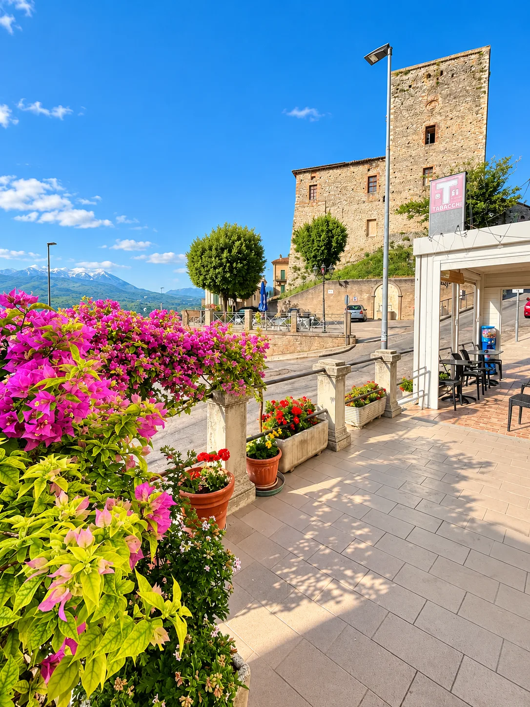 La torre medievale di Rosciano vista dall'ingresso di TorreViva, tra bouganville fiorite